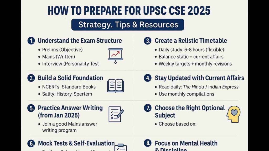 "UPSC CSE 2025 preparation strategy with study materials, books, and timetable"