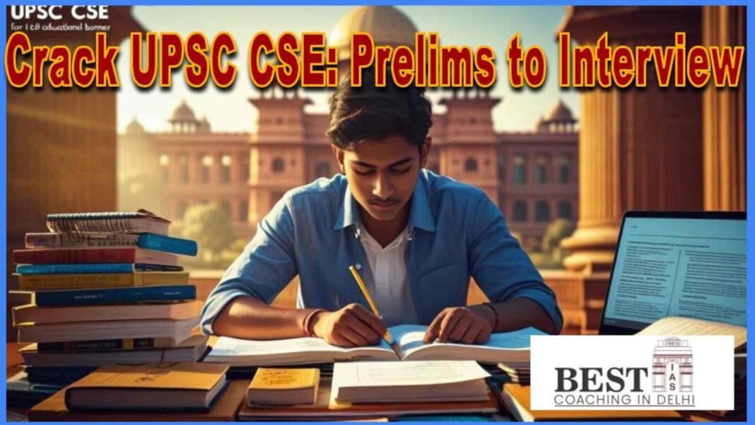 UPSC aspirant preparing for Prelims, Mains, and Interview stages with books and notes
