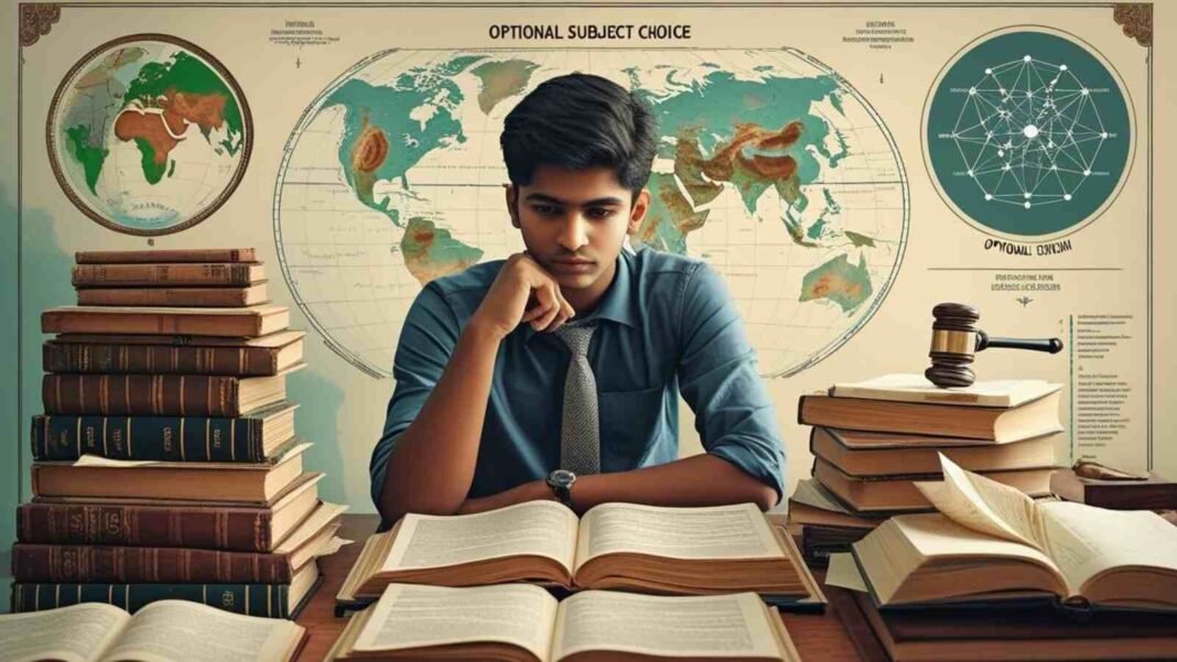 Student thinking about optional subjects like History, Geography, and Political Science for UPSC, with Plutus IAS branding.