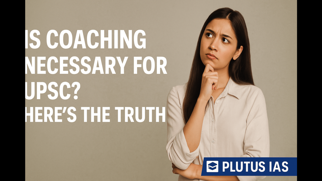 A thoughtful young Indian woman wondering about UPSC coaching with the text 